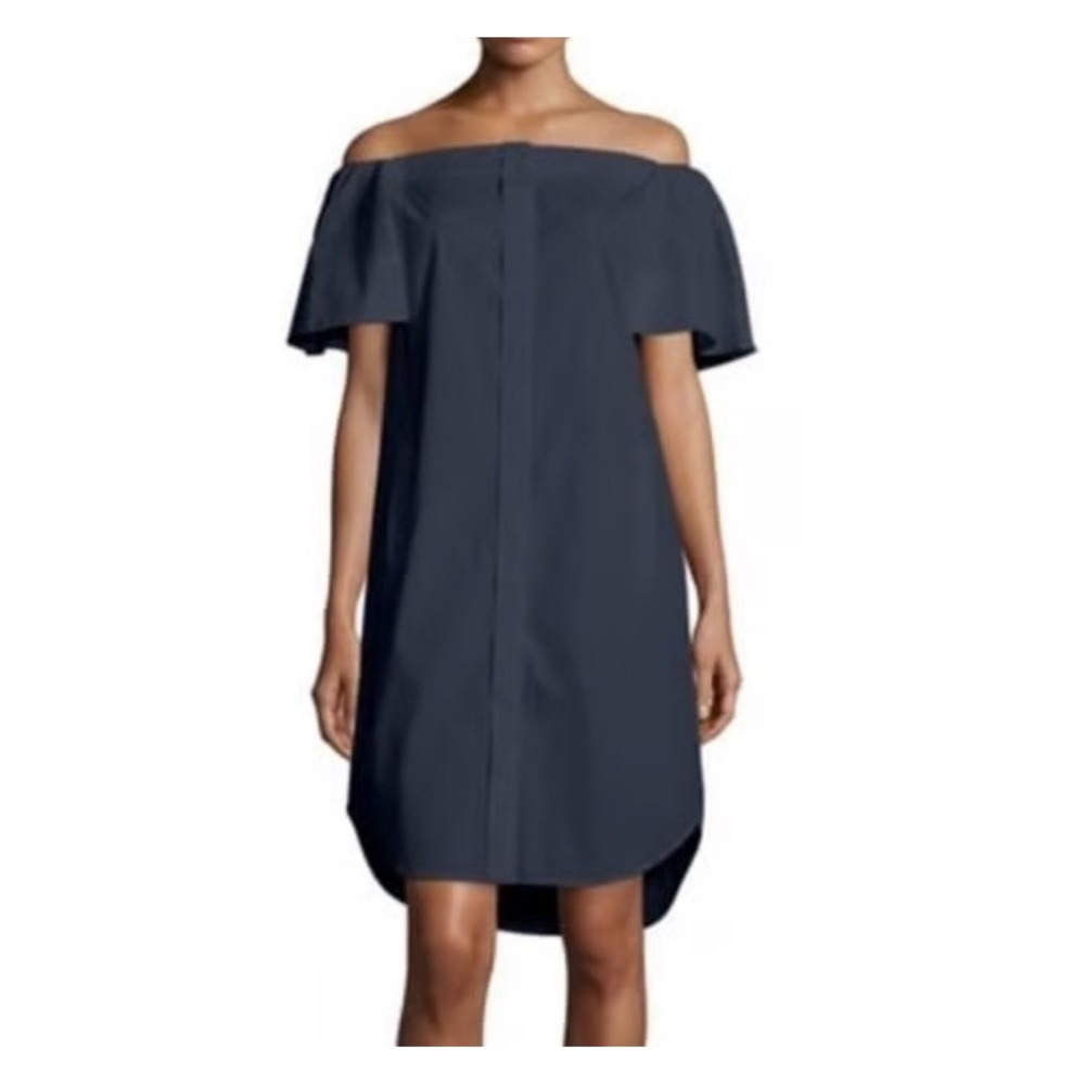 Vince Navy Blue Off Shoulder Poplin Cotton Minimalist Career Basic Dress Size 2